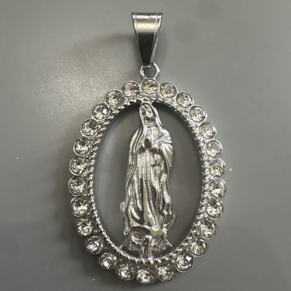 Silver Tone Virgin Mary Stainless Steel Pendant Jesus Christ Cubic Zirconia 24”
